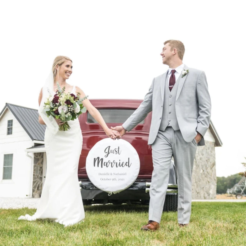 Just Married with your name and date spare tire cover
