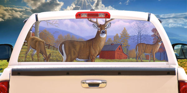 Deer & doe in barn field window mural decal