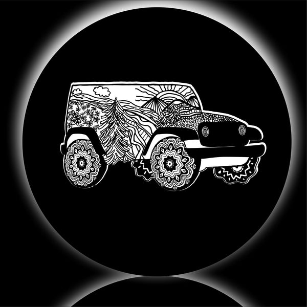 4x4 doodle art with mountain and trees spare tire cover