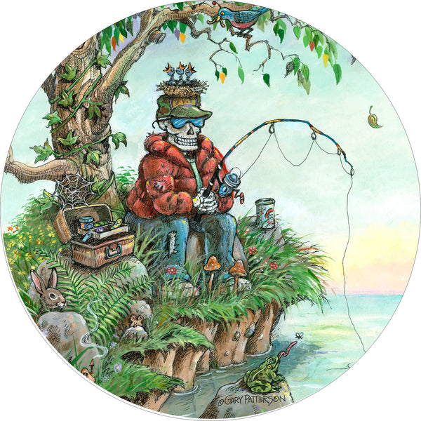Skeleton Fishing Patience Spare Tire Cover Gary Patterson©-Custom made to your exact tire size