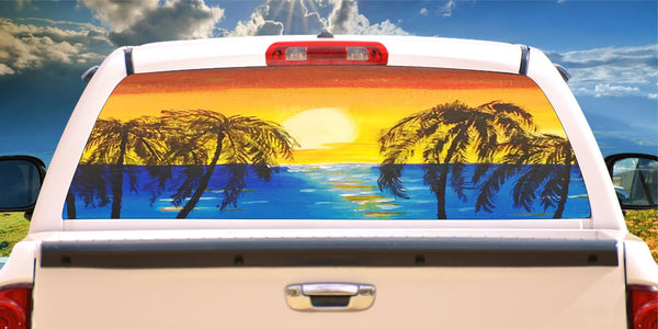 Beach sunset with palm trees window mural decal