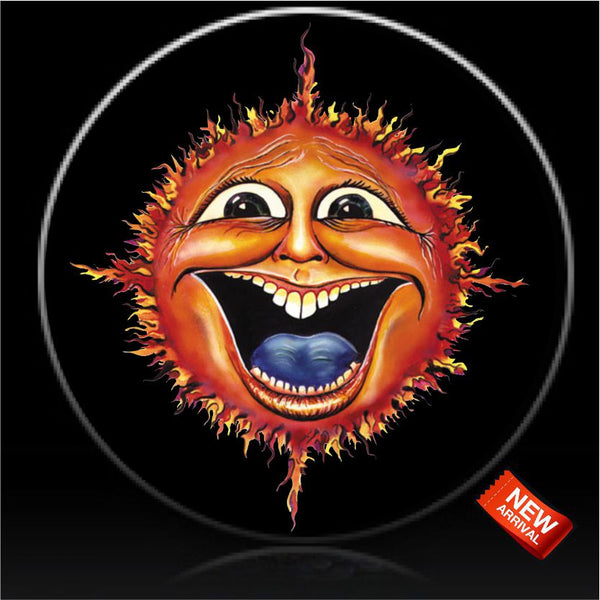 Sun face flames with black background spare tire cover
