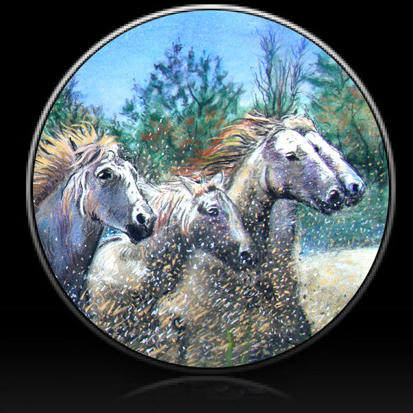 White horses running in river spare tire cover