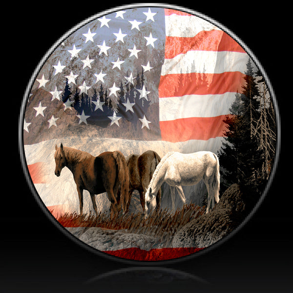 Horses US Flag mountain spare tire cover