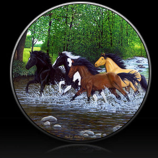 Horse free spirits running thru creek spare tire cover
