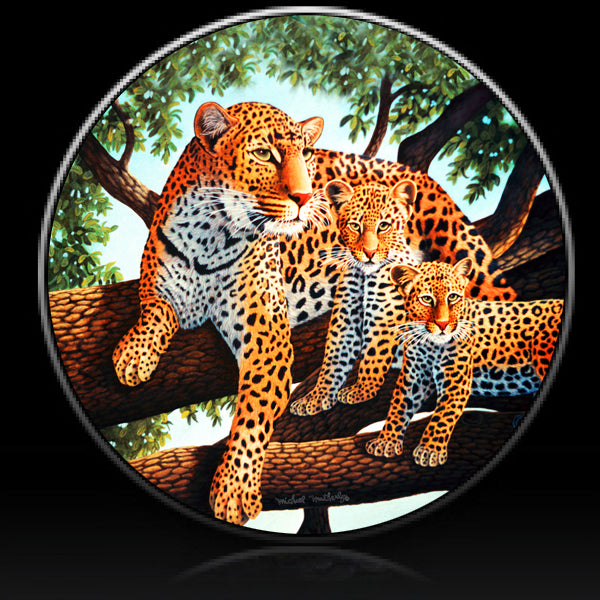 Leopard and cubs in tree spare tire cover
