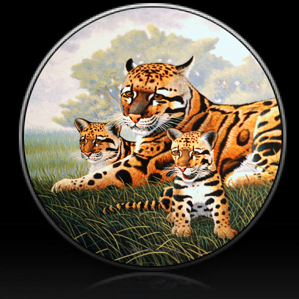 Leopard and cubs in grass spare tire cover