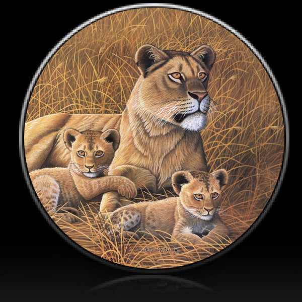 Lioness and cubs in grass  spare tire cover