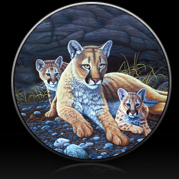 Mountain lion and cubs in den  spare tire cover