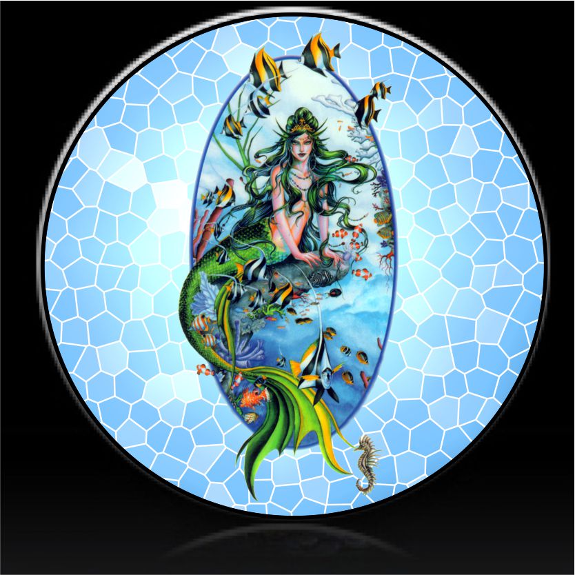 Mermaid and fish stain glass spare tire cover