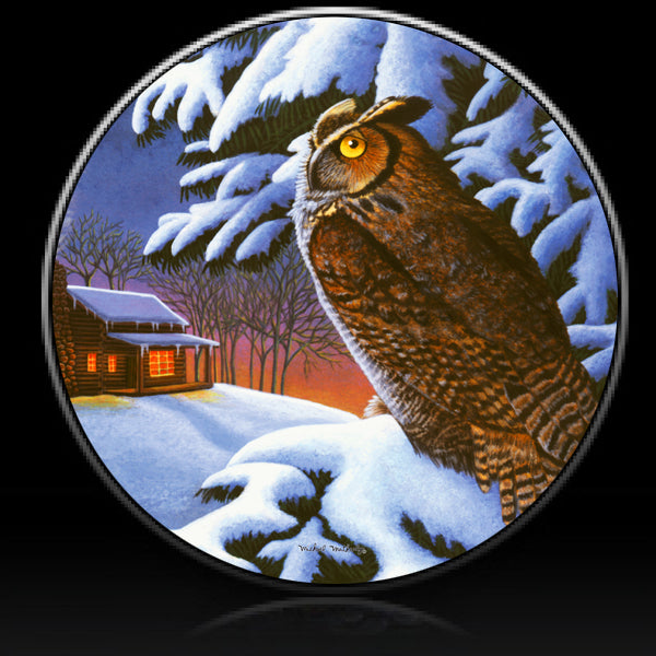 Winter brown owl on snowy branch spare tire cover