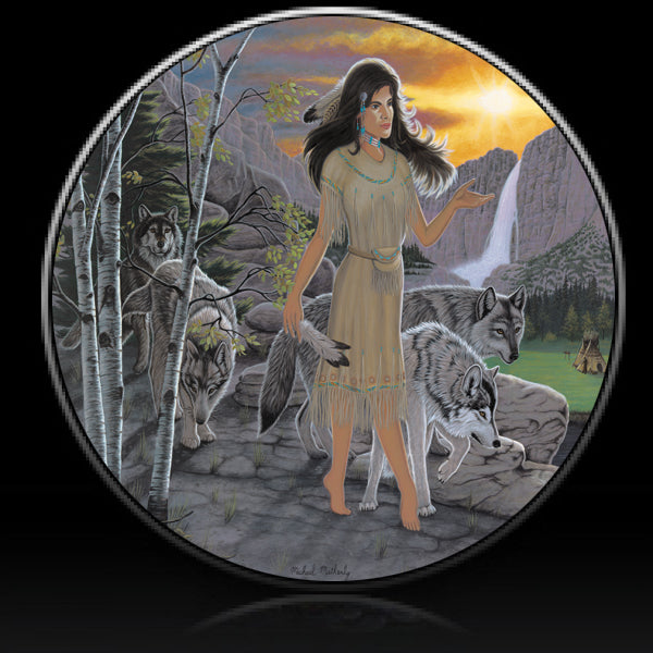Indian girl and wolves "Three feathers" spare tire cover