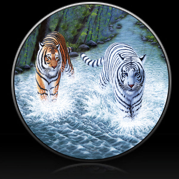 Tiger & white tiger in stream spare tire cover