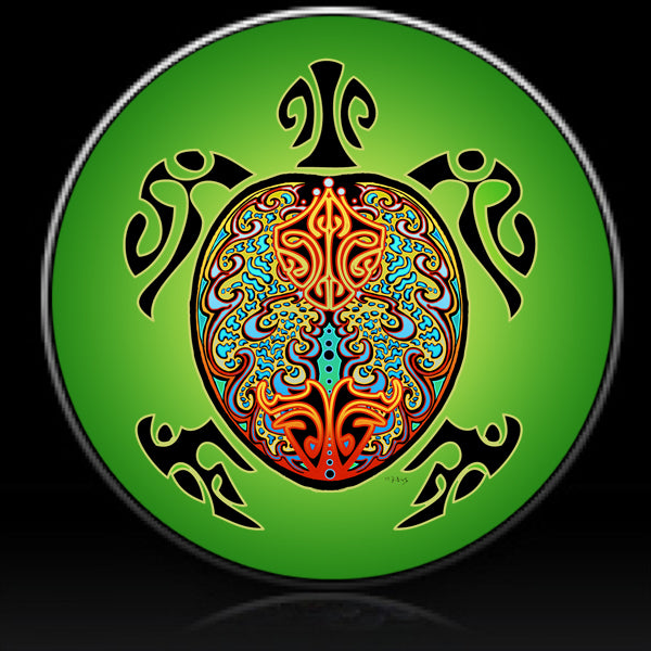 Tribal turtle on green spare tire cover