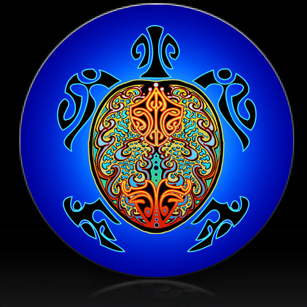 Tribal turtle on blue background spare tire cover