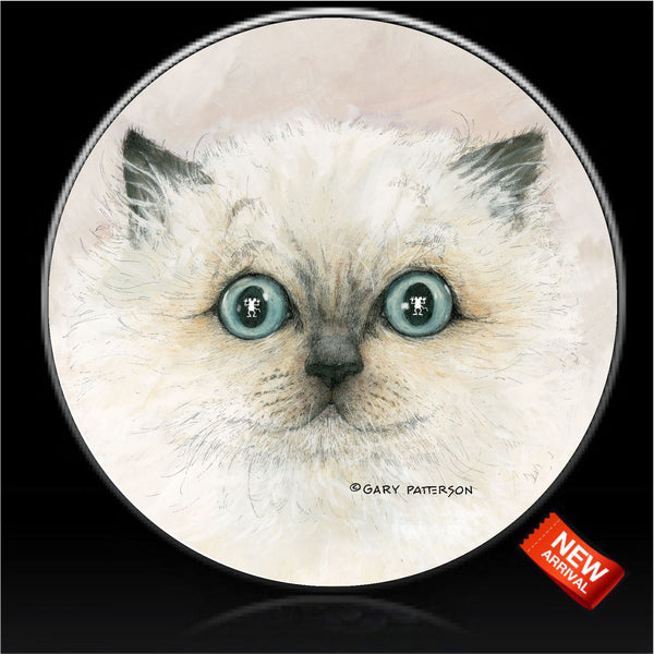 white furry Cat with bright eyes spare tire cover