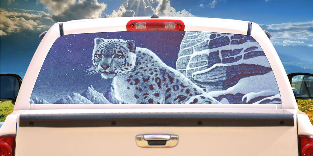 Snow leopard at night window mural decal