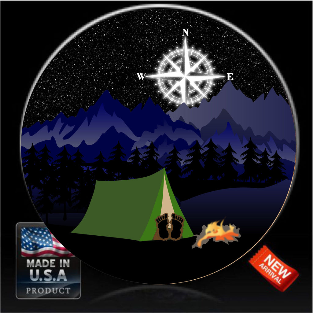 Compass moon with big foot camping in tent spare tire cover