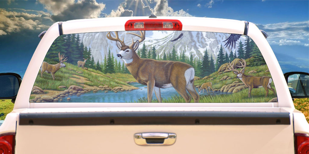 Deer & does at mountain lake window mural decal