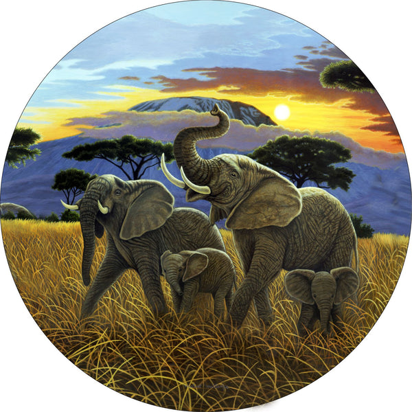 Elephants Sunset on Kilmanjaro Spare Tire Cover Michael Matherly©-custom made to your exact tire size