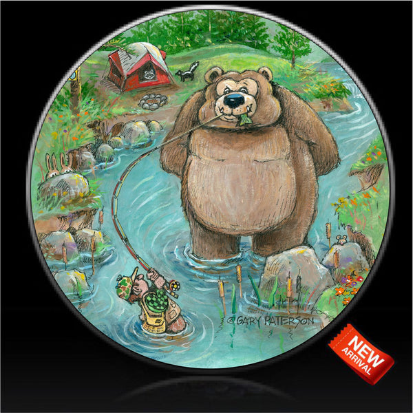 Fisherman and bear fishing in creek spare tire cover