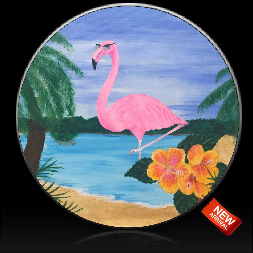 Flamingo with sunglasses and hibiscus spare tire cover