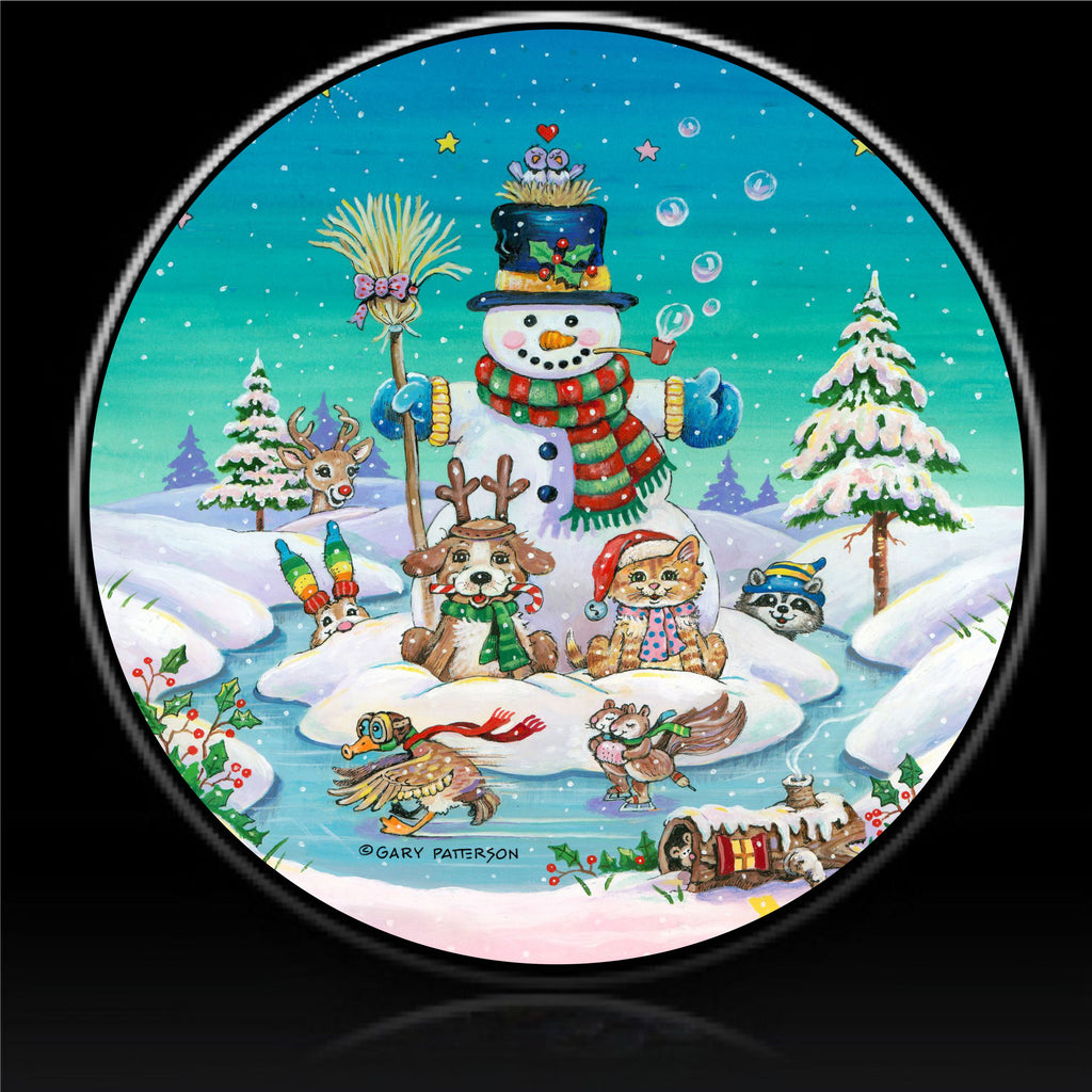 Happy holidays snowman and animals spare tire cover