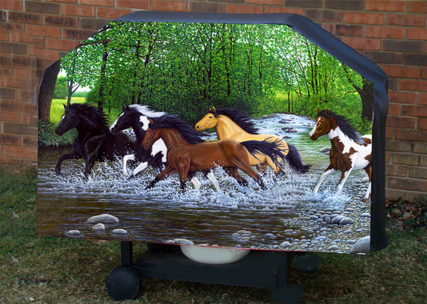 Horses free spirits running in river bbq grill cover