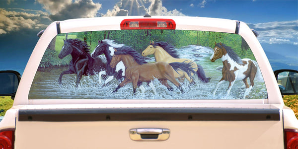 Horses running in river window mural decal