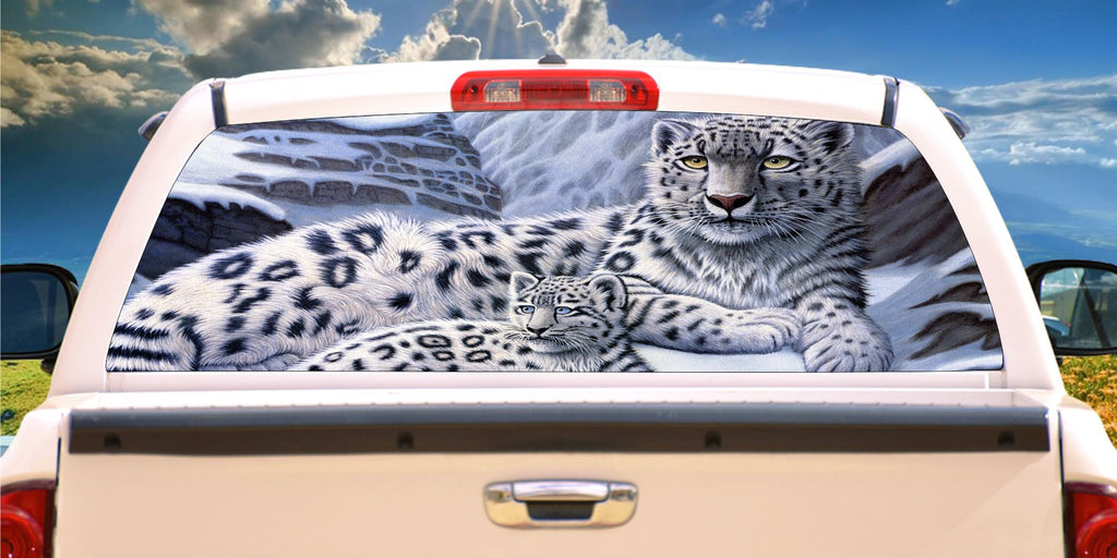 Snow leopard and cub window mural decal