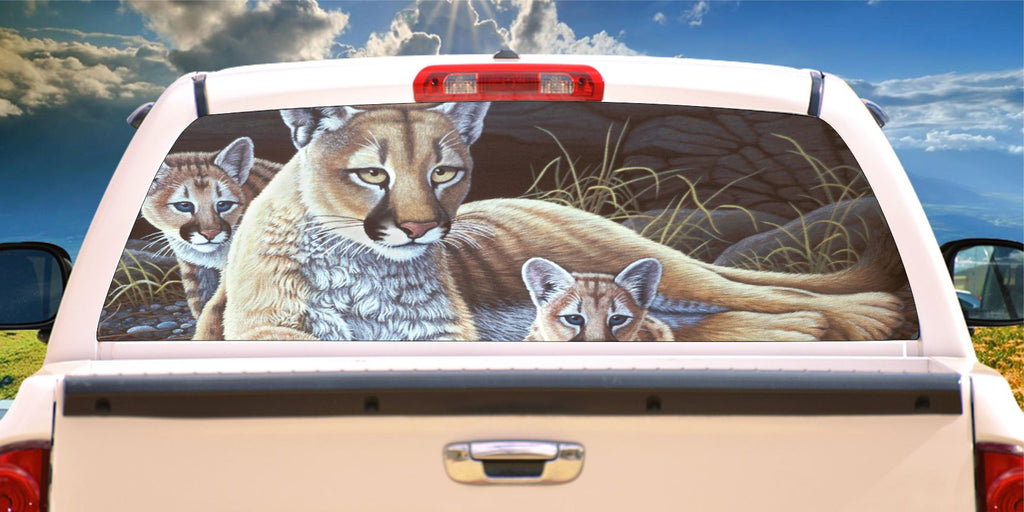Mountain lion and cubs in den window mural decal