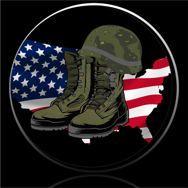 USA flag with soldier boots & helmet spare tire cover
