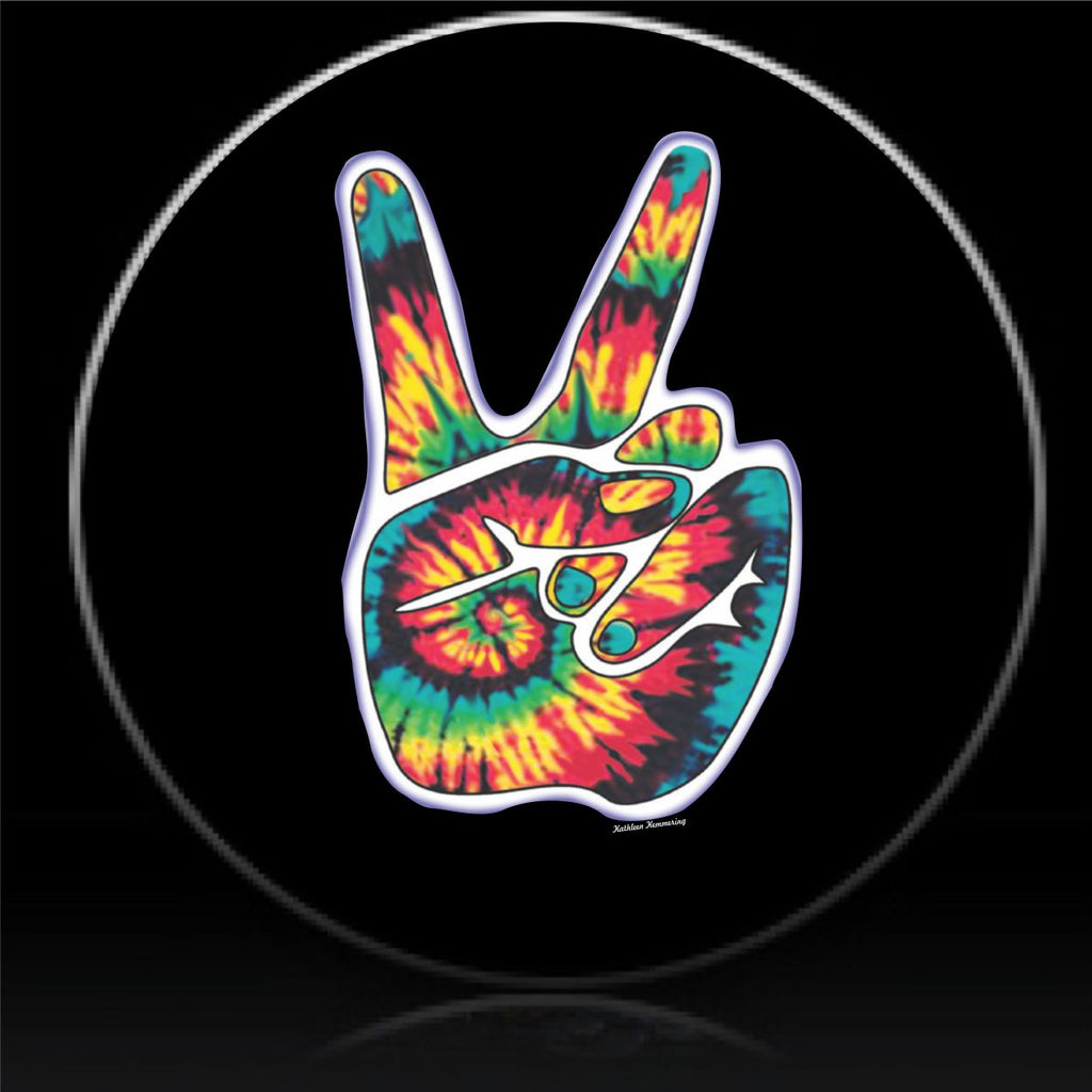 Multi color tie dye peace sign hand spare tire cover