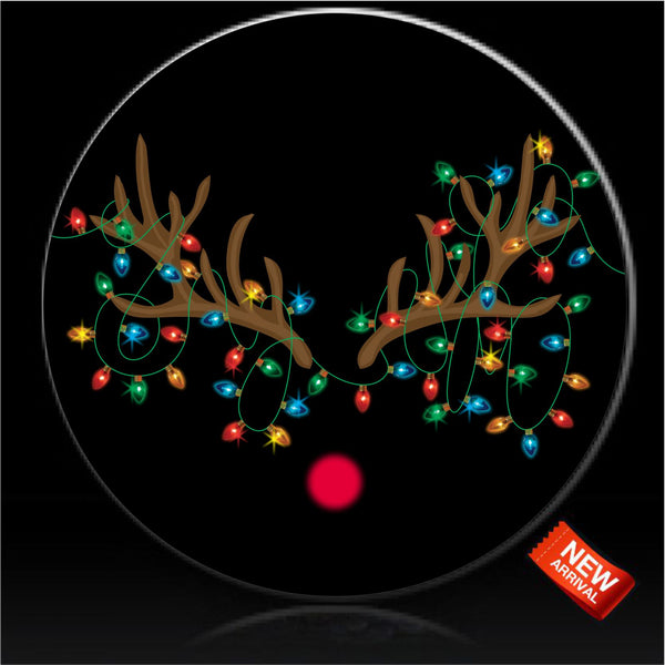 Reindeer antlers tangled with Christmas light spare tire cover
