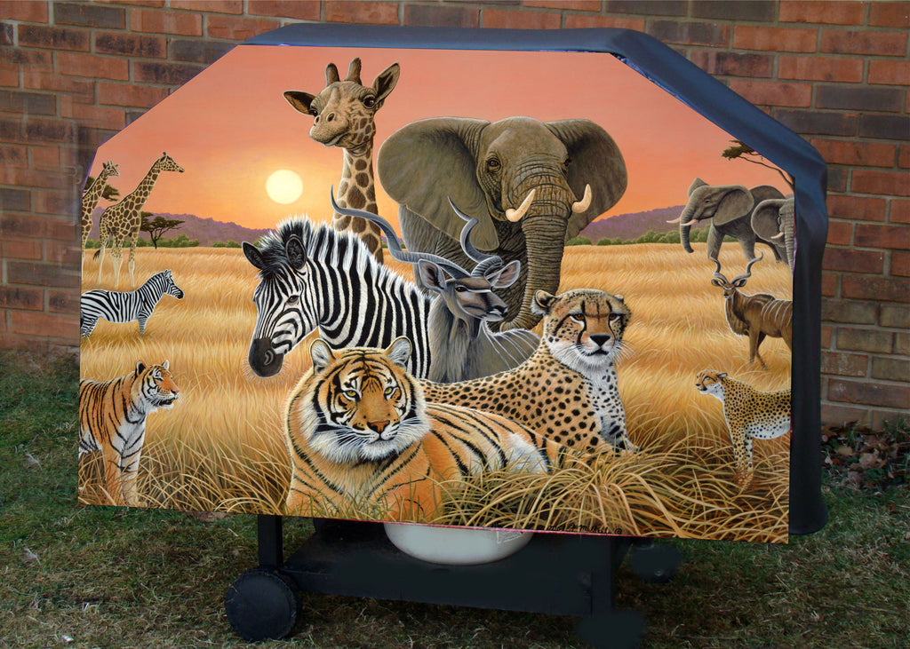 Safari giraffe, zebra, tiger, cheetah, elephant, gazelle bbq grill cover