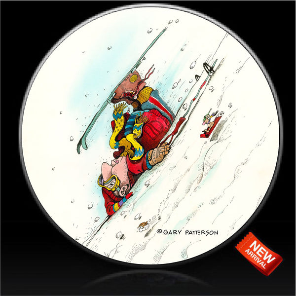 Skier down hill racer sliding on his back spare tire cover