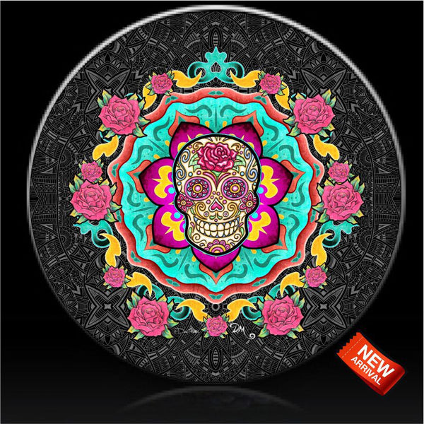Skull sugar skull with roses spare tire cover