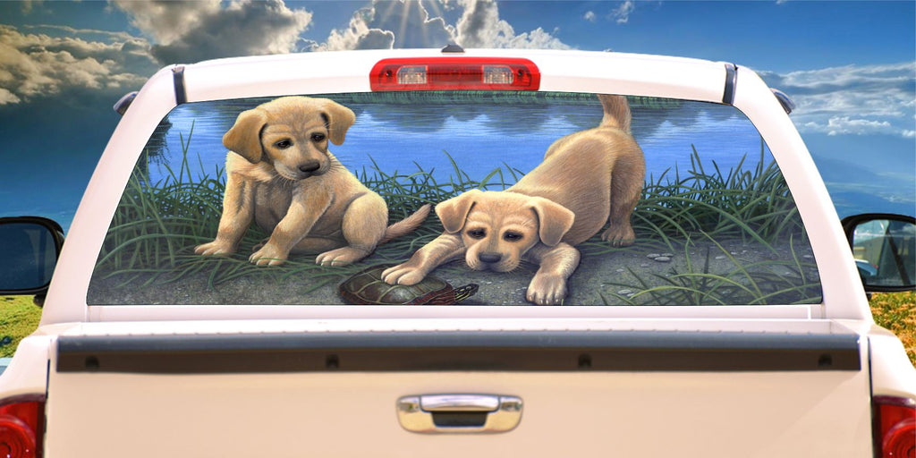 Labrador puppies and turtle at lake side window mural decal