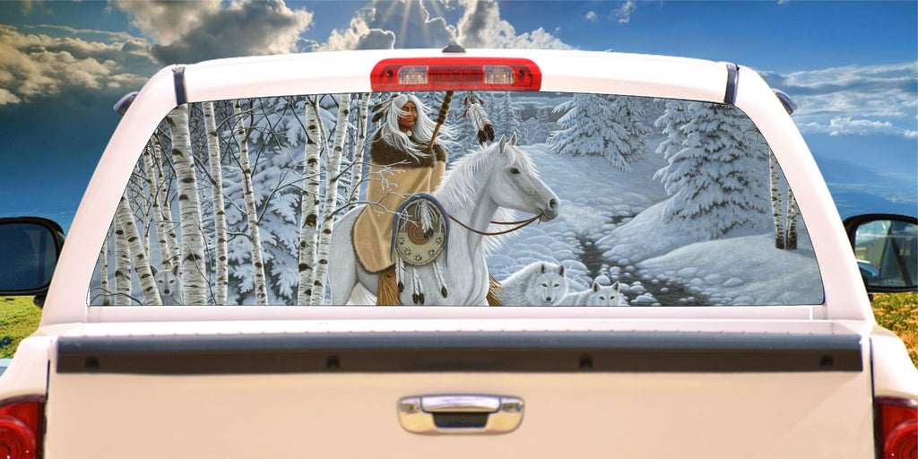 Indian on horse back winter scene window mural decal
