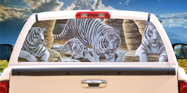 White tiger and cubs in cave window mural decal