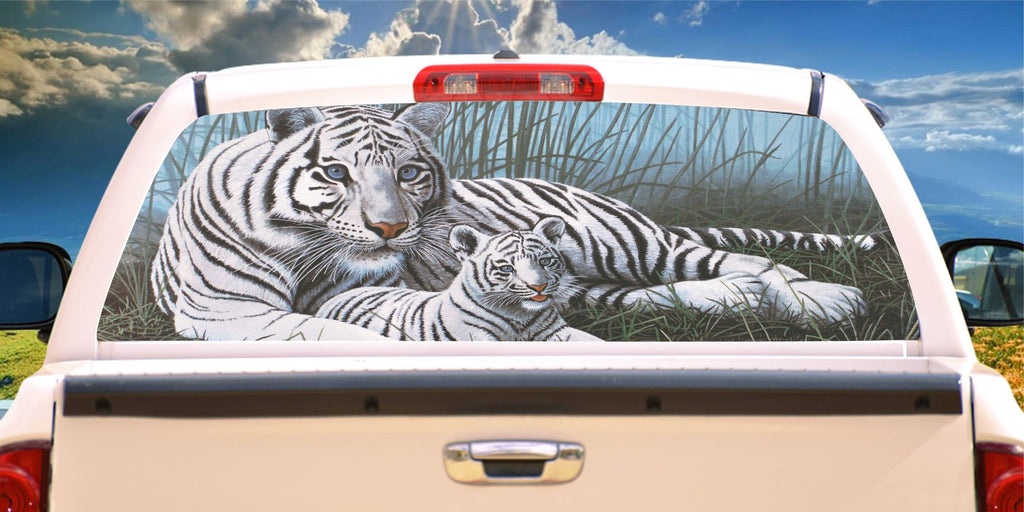 White tiger and cub in grass window mural decal